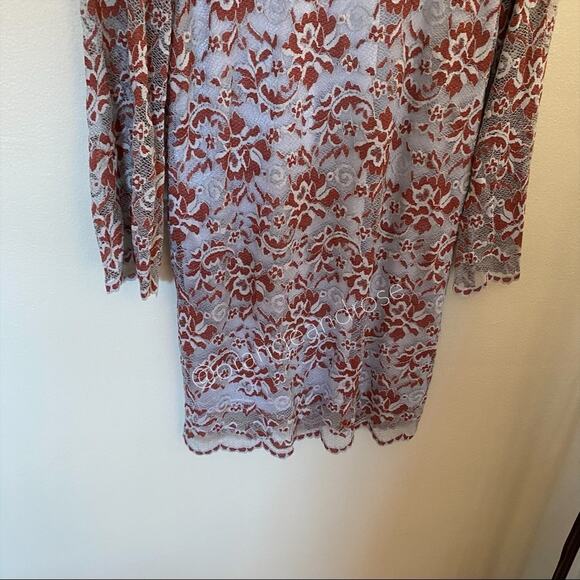 GANNI Blue Red Floral Lace Mockneck Long Sleeve Formal Mini Dress Comfy Event S - Picture 16 of 16